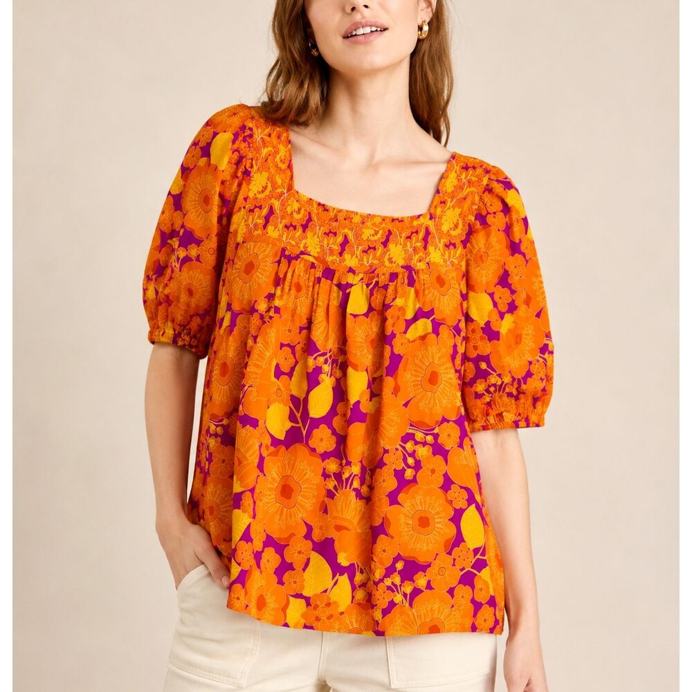 Anthropologie Rose + Olive Floral Blouse Short Sleeve Top Artsy Orange Purple